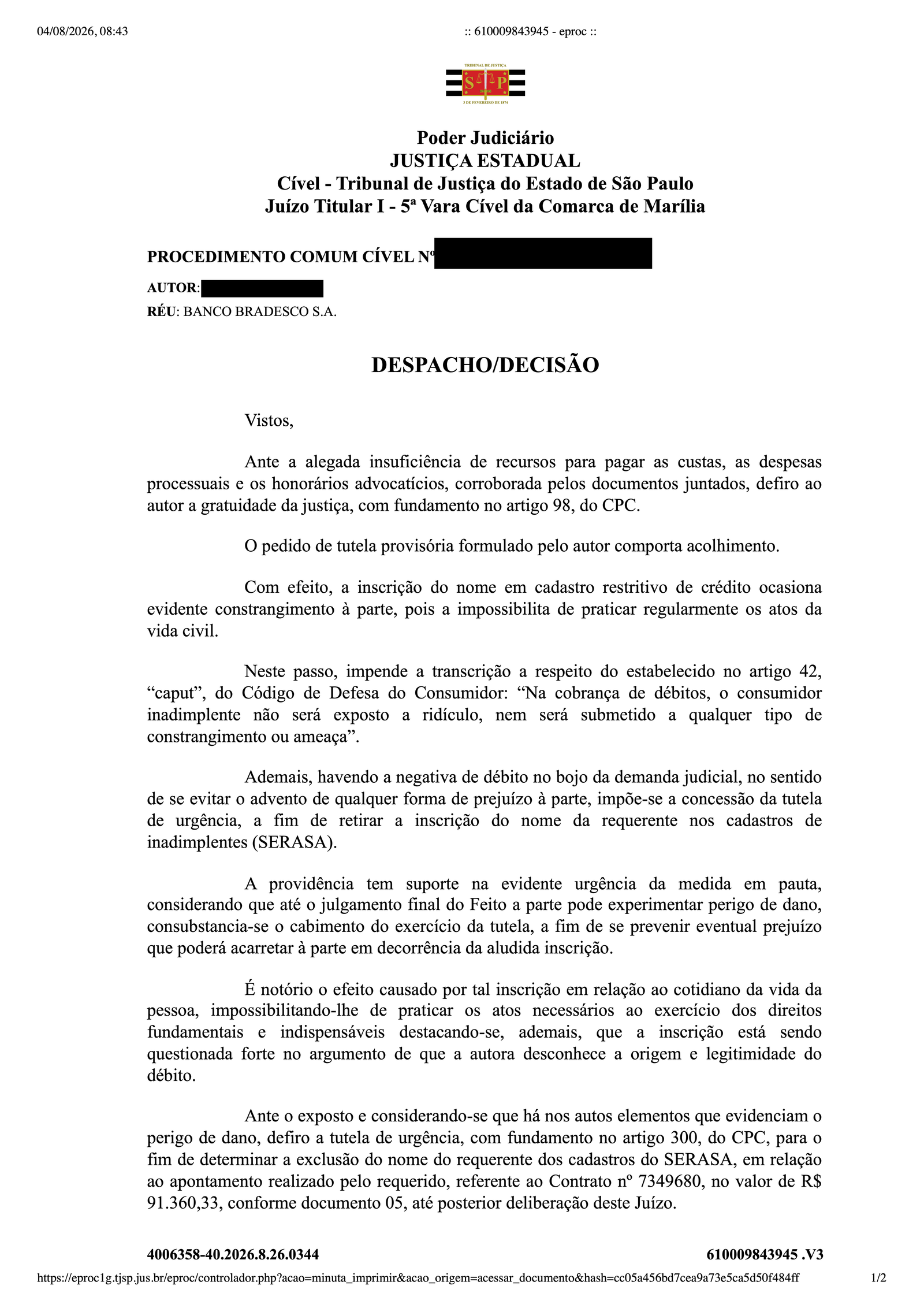 Decisão Liminar de Exclusão de Apontamento em Órgão de Proteção ao Crédito